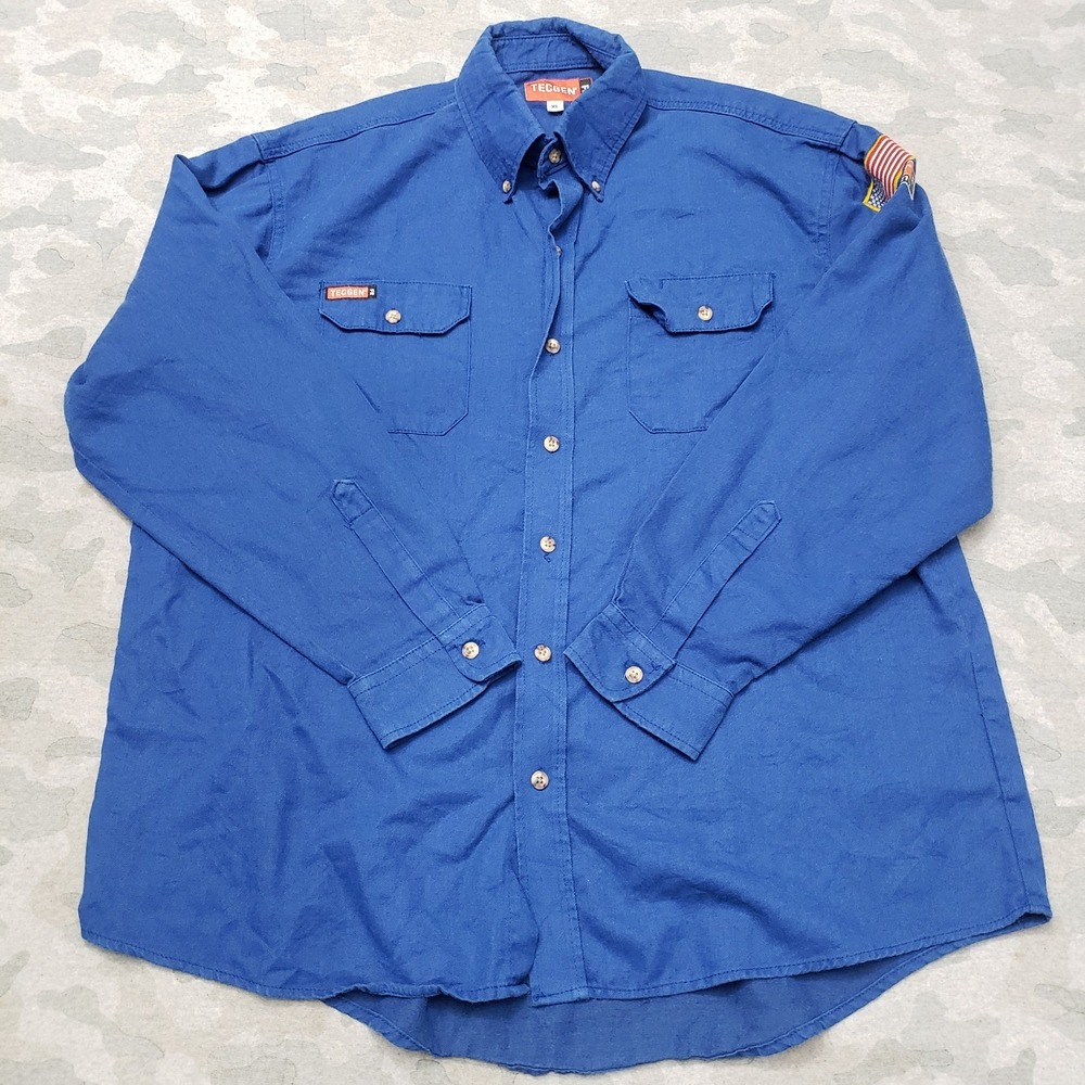 Tecgen FR Shirt Mens XL Blue Cat 2 Fire Resistant Pockets Long Sleeve Button-Up